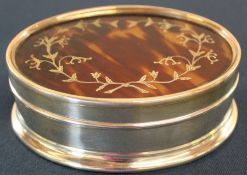 Edwardian oval silver dressing table pot lined with velvet with tortoiseshell lid inlaid with silver