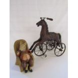 Reproduction vintage style child's horse tricycle and resin mouse in chair