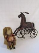 Reproduction vintage style child's horse tricycle and resin mouse in chair