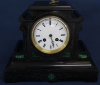 19th century slate mantel clock with malachite inlay, movement by Hy Marg, Paris