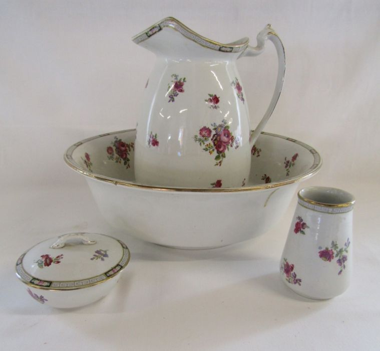 Wash bowl and jug with soap dish and vase