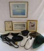 Collection of Naval hats worn by Lieutenant-Commander Peebles of HMS Osprey white naval shoes and