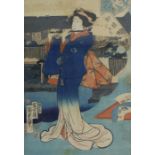Utagawa Kunisada (Japanese 1786-1865) framed print of woman playing a flute 38.5cm x 50cm