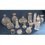 Selection of cut glass dressing table pots / bottles - mostly with silver collars / lids