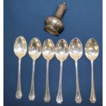Set of 6 silver teaspoons Birmingham 1929 (3.36 ozt), 3 silver handled pistol grip knives