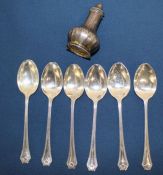 Set of 6 silver teaspoons Birmingham 1929 (3.36 ozt), 3 silver handled pistol grip knives