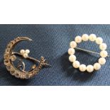 Mikimoto circular pearl brooch & paste crescent brooch