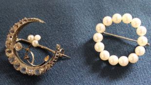 Mikimoto circular pearl brooch & paste crescent brooch
