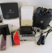 Collection of items to include Commodore binoculars, Rayners monocular, cameras and empty boxes to