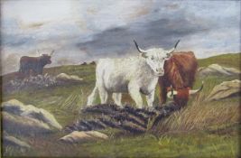 An oil on canvas depicting highland cattle and signed E.W. Ellwand 1927 approx. 65cm x 50cm