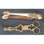 Pair of Victorian sugar nips & a pair of silver sugar bows both with indistinct hall marks