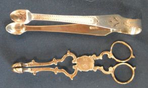 Pair of Victorian sugar nips & a pair of silver sugar bows both with indistinct hall marks