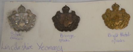 Three Lincolnshire Yeomanry officers cap badges, white metal, bronze & bright metal