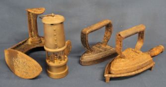 2 flat irons (1 with stand), cobblers last & small Hockley Lamp & Limelight Company miners lamp