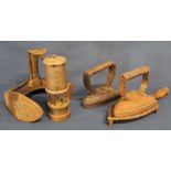 2 flat irons (1 with stand), cobblers last & small Hockley Lamp & Limelight Company miners lamp