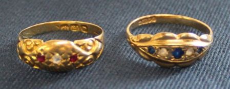 2 x gypsy rings - Victorian 18ct gold ruby & diamond chip ring, size M, 1.49g & 9ct gold sapphire