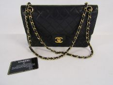 Chanel classic double flat quilted 10" handbag with woven chain and gold coloured hardware
