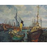 Framed oil on board depicting fishing boats in port (including the Ross Daring) by W L Rodgerson