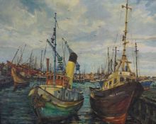 Framed oil on board depicting fishing boats in port (including the Ross Daring) by W L Rodgerson