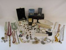 2 boxes of costume jewellery to include Lotus faux pearl set with silver clasp, brooches, earring
