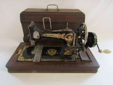 Vintage Frister & Rossmann hand crank sewing machine (196601) with Sphinx head pattern - damage to