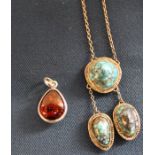 Modern silver & amber pendant marked 925 & Continental white metal 3 piece turquoise necklace