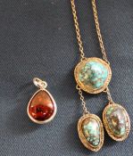 Modern silver & amber pendant marked 925 & Continental white metal 3 piece turquoise necklace