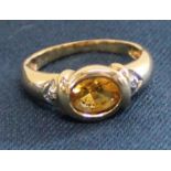 9ct gold citrine & diamond chip ring, size N, 3.32g