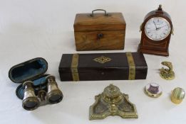 19th century walnut tea caddy, pair of mother of pearl binoculars, brass inkwell, oak glove box with