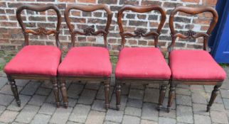 Four Victorian balloon back dining chairs in rosewood with Laura Ashley raspberry fabric seats (