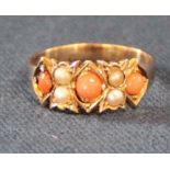 Tested as 9ct gold seed pearl & coral ring, size M, 1.67g