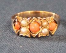 Tested as 9ct gold seed pearl & coral ring, size M, 1.67g