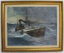 Gilt framed oil on board depicting fishing boat Julia Brierley FD103 by George Odlin 1979 69cm x