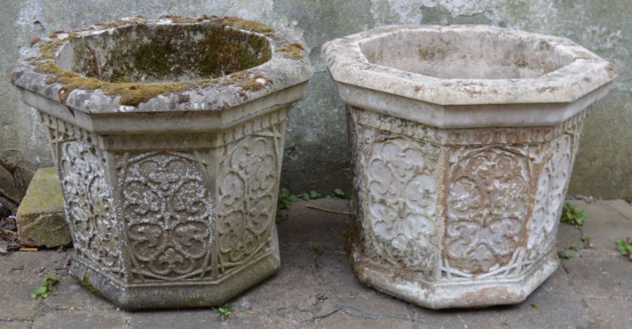 Pair of large octagonal concrete planters Ht42cm