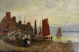 Small Dutch oil on board depicting coastal scene, size 29.5cm x 23cm