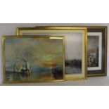 Selection of large framed prints after originals by Avercamp, Monet & Turner and 2 famed