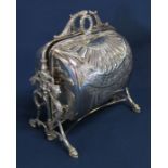 Victorian silver plated muffin warmer with decorative lion's head frame and hairy paw feet