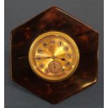 Early 20th century hexagonal tortoiseshell easel dressing table strut timepiece, clock dial 4cm