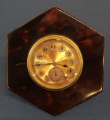 Early 20th century hexagonal tortoiseshell easel dressing table strut timepiece, clock dial 4cm