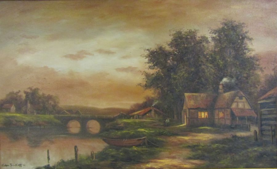 John Trickett river landscape oil painting -  approx. 85cm x 55cm (including frame)