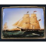 Small silver box with ceramic inset lid depicting ships, London 2001 57mm x 42mm x 12mm, 1.91ozt