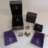 Collection of Stephen Webster silver jewellery - bat face pendant with necklace, No Regrets swivel