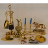 Various items of brass including a dog door stop, hearth tidy, inkwell etc