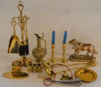 Various items of brass including a dog door stop, hearth tidy, inkwell etc