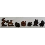 7 Japanese hardwood netsuke:- 2 horses, rabbit & old man with carved signatures and monkey and toad,