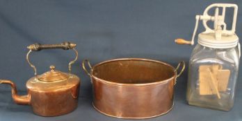 Dazey glass butter churn No. 60, copper two handled oval pot & copper kettle with wooden handle