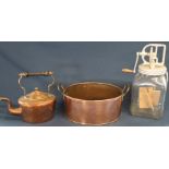 Dazey glass butter churn No. 60, copper two handled oval pot & copper kettle with wooden handle