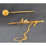 9ct gold stock pin & 9ct gold and aquamarine bar brooch - both with original boxes