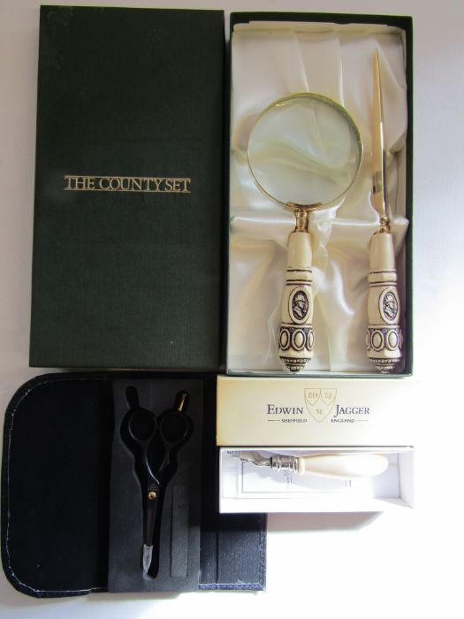 The County Set 'Sherlock Holmes' magnifying glass and letter opener, an Edwin Jagger razor (