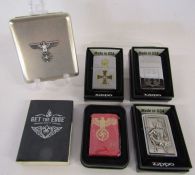 V.H Germany cigarette case and collection of Zippo lighters to include 'Get the Edge'